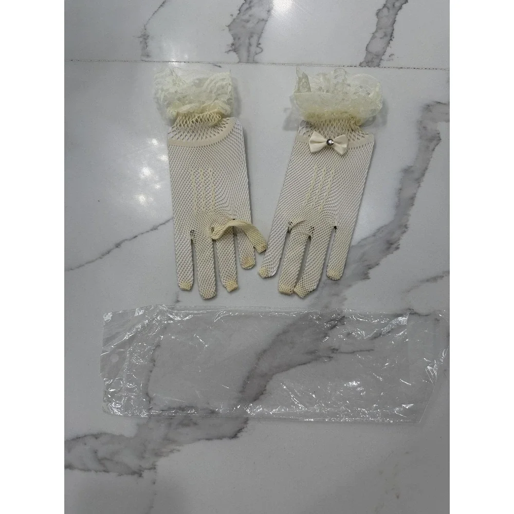 Gloves Girls One Size White Lace Fishnet Bow Fingerless Dress Spring Communion